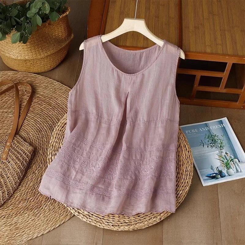 Canotta da donna senza maniche con ricamo geometrico, girocollo, casual, vestibilità ampia, camicetta in misto lino