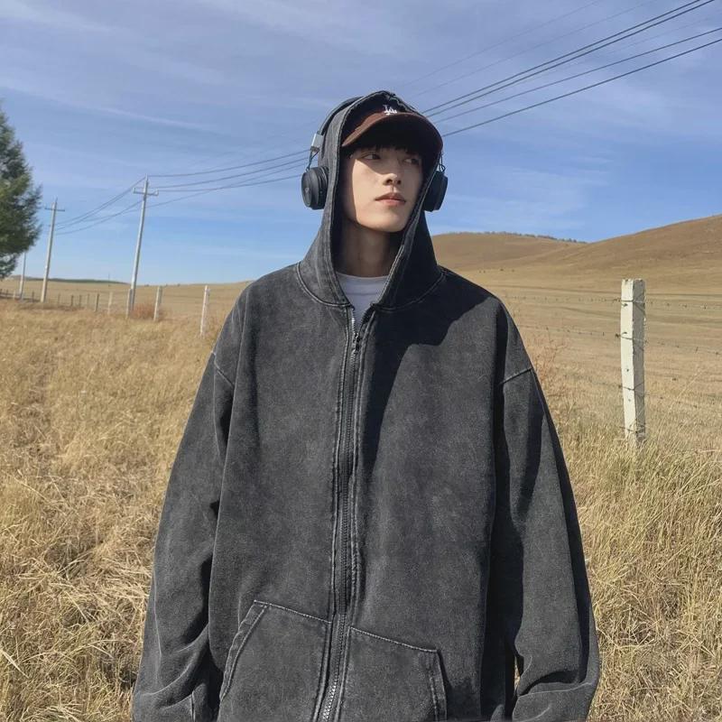 Men's American Retro Washed Distressed Cardigan Sweatshirt – Autumn/Winter High Street Trend, Heavyweight Hooded Jacket