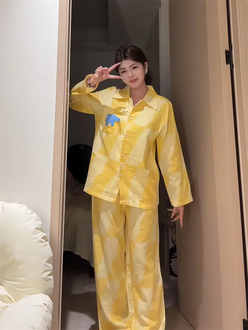 

Корейский мультяшный пижамный комплект со слоном: Женский кардиган с длинным рукавом и брюки, больших размеров, стиль весна/осень 2025 XXXL