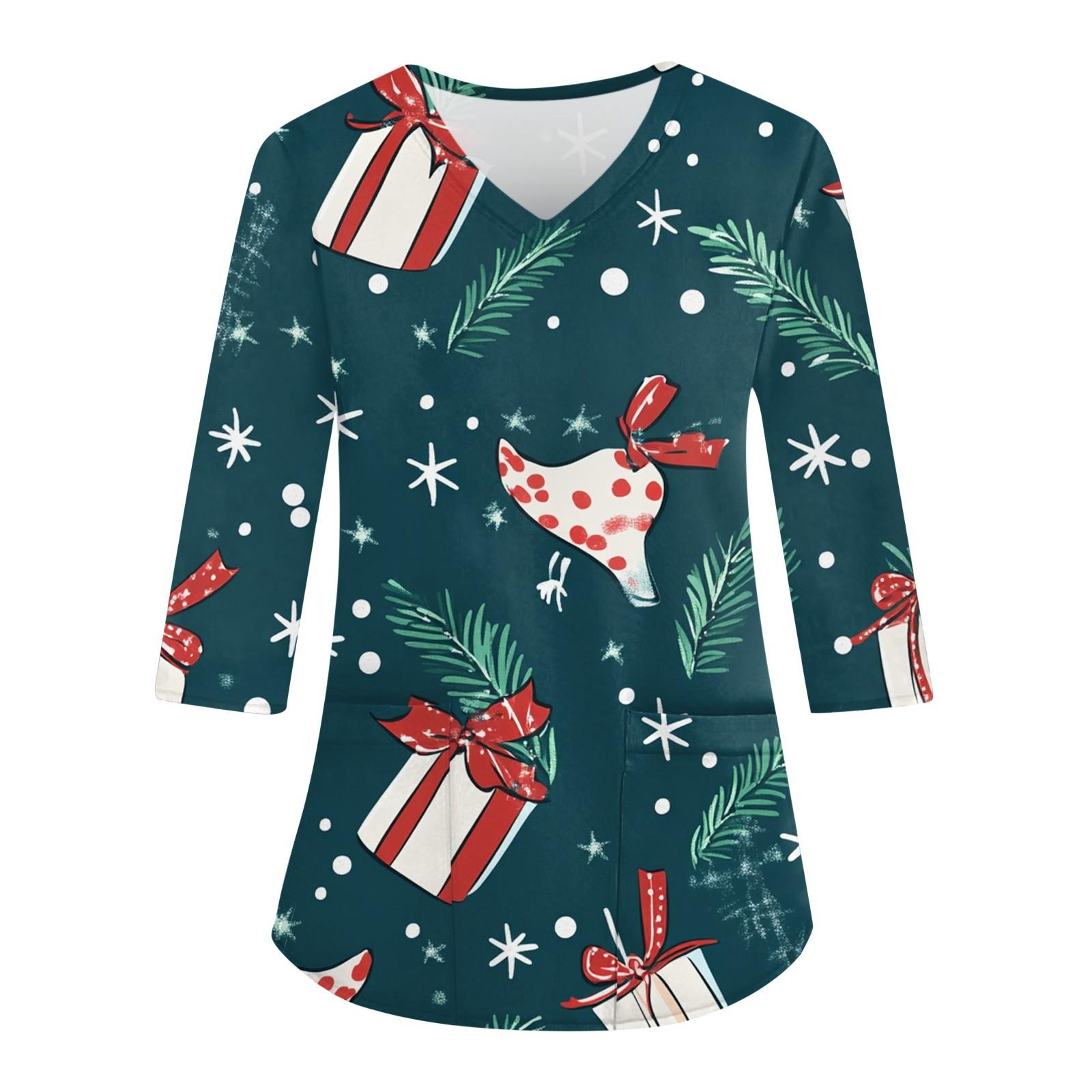 

Женский повседневный рождественский свободный V-образный вырез с карманом и принтом, рукава три четверти L