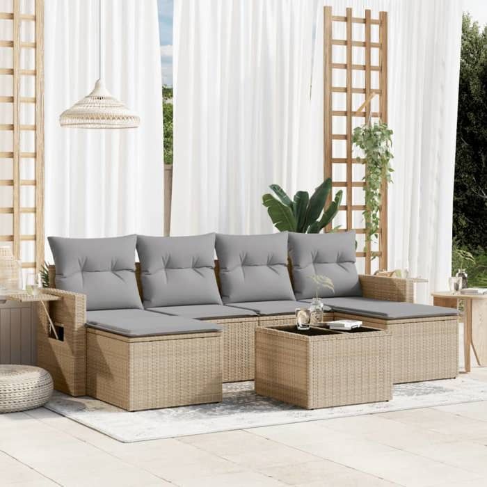 VidaXL Salon de Jardin avec Coussins 7 pcs, Canapés de Terrasse, Ensemble de Meubles de Patio, Mobilier d'Extérieur, Beige 3252866
