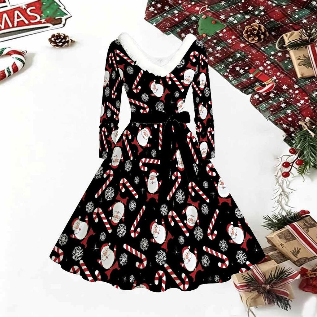 Women Christmas Tree Print Midi Dress, Long Sleeve V‑Neck Furry Trim A‑Line Party Dress, Christmas Limited Edition