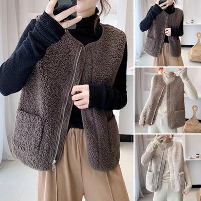 Weste für Damen mit zwei Taschen, ärmellose Strickjacke aus Fleece mit Reißverschluss, lockere Weste in Übergröße mit Rundhalsausschnitt, Weste für den täglichen Schulweg