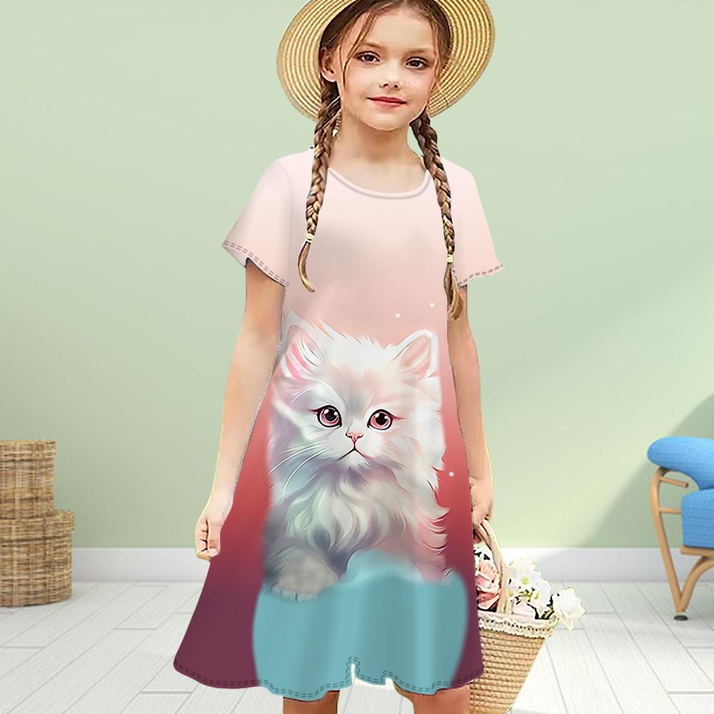 Girls 3D Loving Cat Print Dresses Kids Girl Party Short Sleeved Princess Dress 3D Print Dress