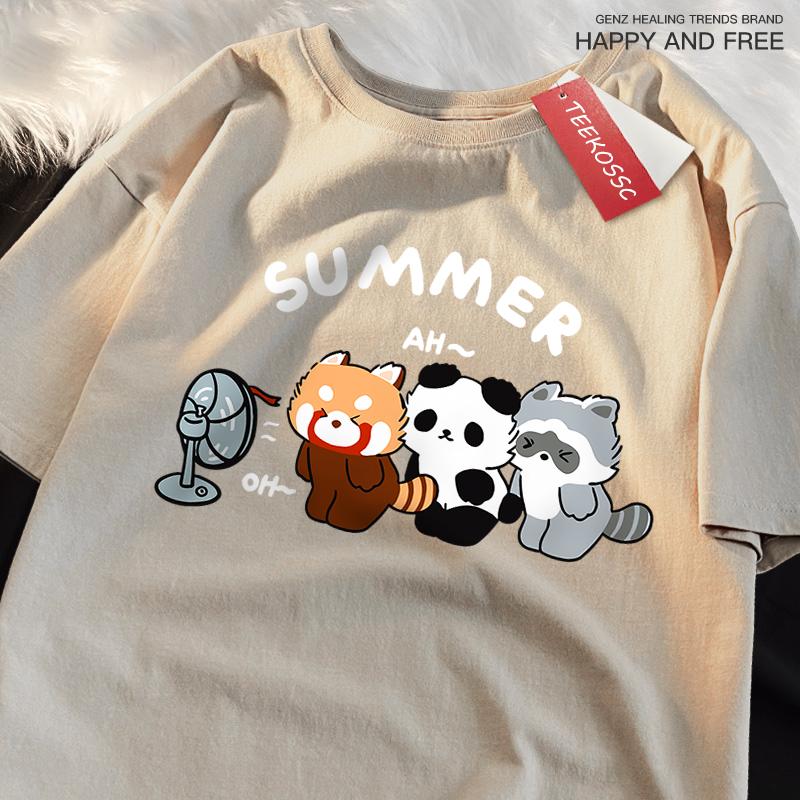 3 Raccoons Blowing Fans Print T-Shirt Street Breathable Tshirt Fashion Loose Tees Cotton Oversized Street Clothes Men Women