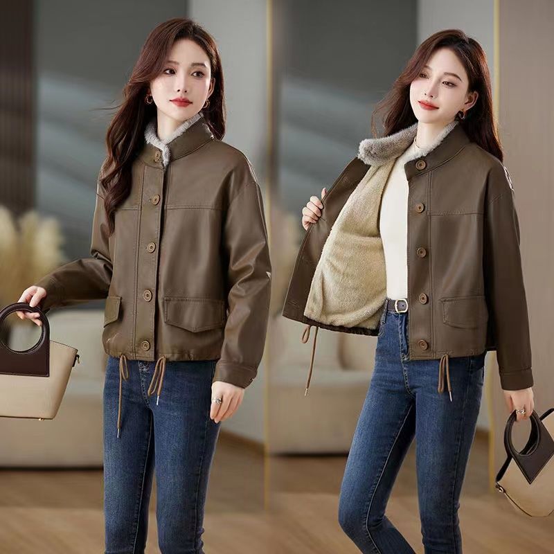 

Флисовая утепленная теплая короткая мягкая кожаная куртка женская осенне-зимняя свободная маленькая кожаная куртка мотоциклетная куртка 2XL 131-72.5kg