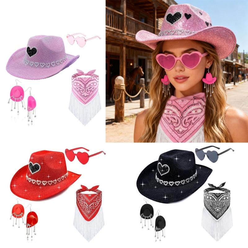Festival Cowboyhut Set mit Herzbesatz für Geburtstagsfeier Feiertagspartys und Themenveranstaltung Polyester Kunststoff