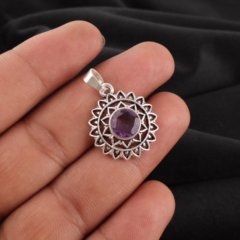 Amethyst Gemstone 925 Sterling Silver Jewelry Handmade Statement Pendant  1.14" CP-30-3