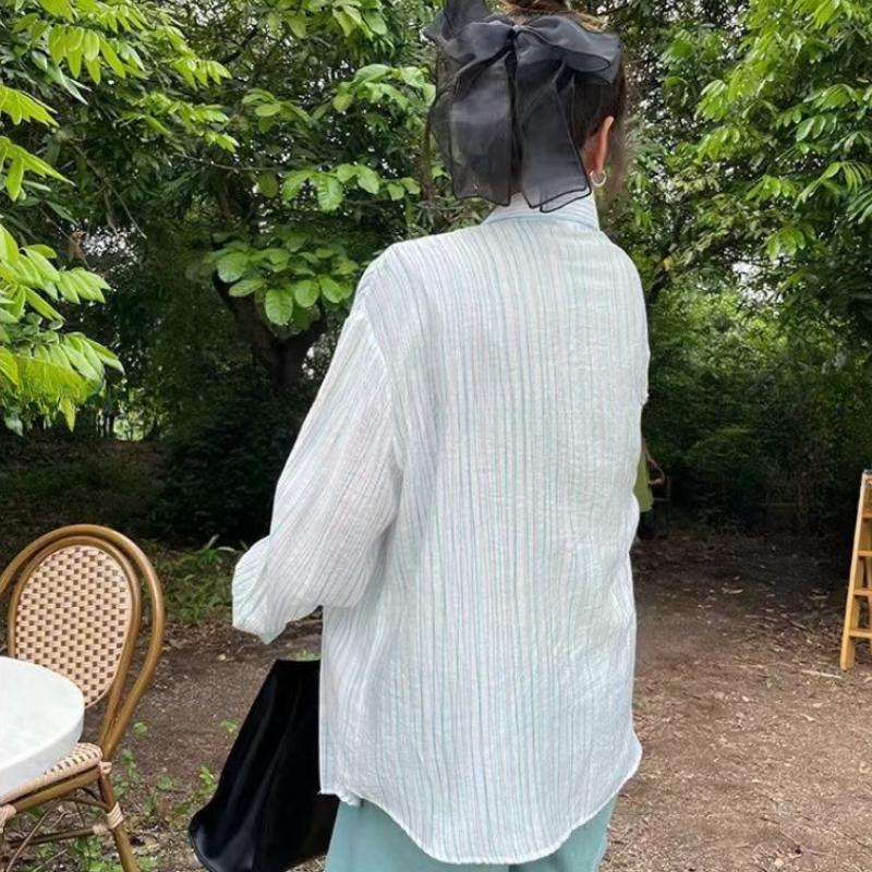Elegant Long Sleeve Casual Sunscreen Shirts for Women Retro Chic Striped Loose Women's Blouses Tops Fashion Lapel Simple Slim Female Shirt Tops 26118