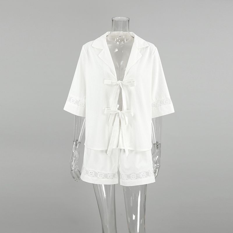 

Western Style Summer Cotton and Linen Half Sleeve Strap Shorts Set Cotton and Linen Lace up Set White (Garib) S