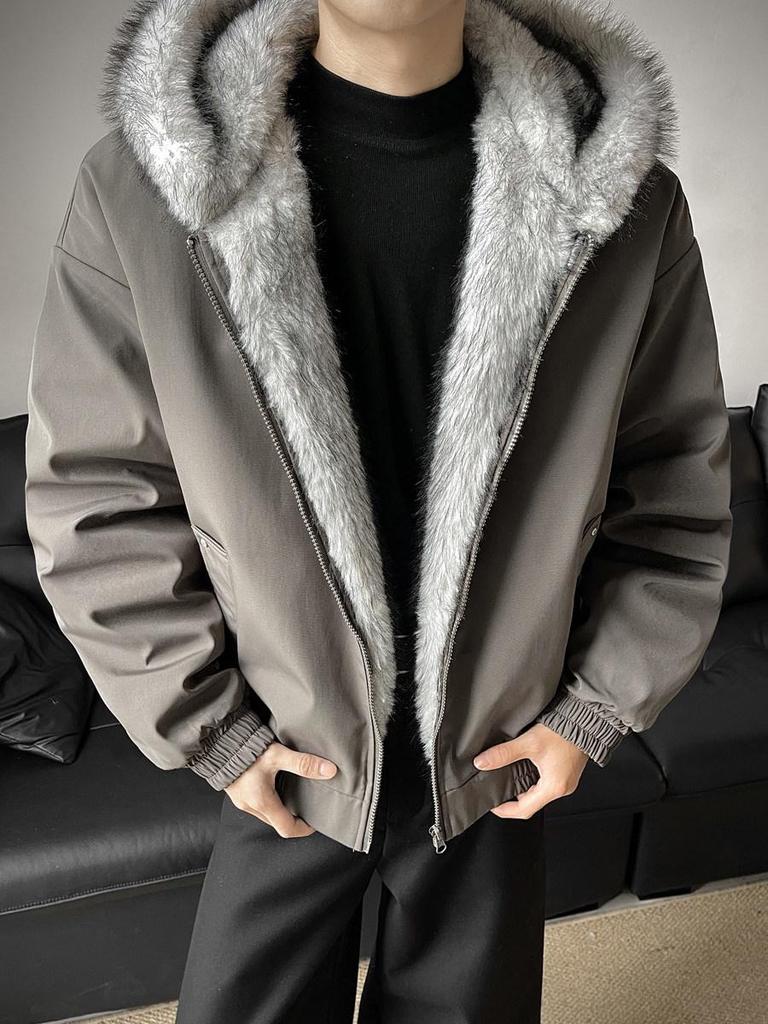 Men's Winter Polar Wolf King Heavyweight Mink Fur Hooded Jacket with Large Collar, Plus Velvet Thickened for Warmth.