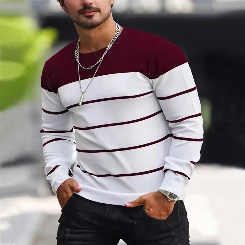 

2025 New Round Neck Men s Striped Casual Spring and Autumn Men s Long-sleeved T-shirt S