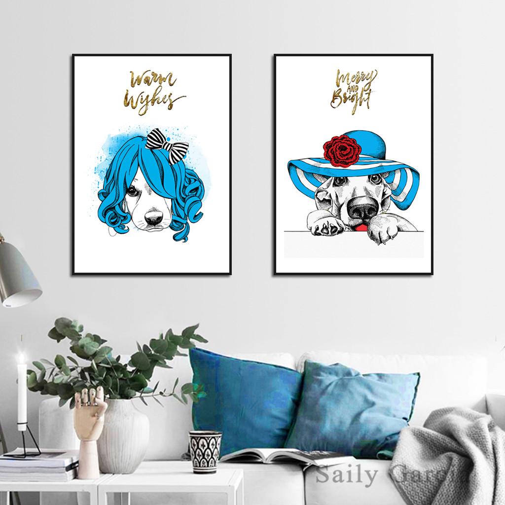 

Скандинавский минималистичный постер с животными, модная собака, синяя шляпа и волосы, золотая фольга, буквы, фон, домашний настенный художественный декоративный рисунок 21*30cm