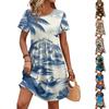 Damen Kurzarm Hawaiian Print Lässiges Kleid Rundhalsausschnitt Mit Taillenband und Taschen Leichtes Sommer Strandkleid