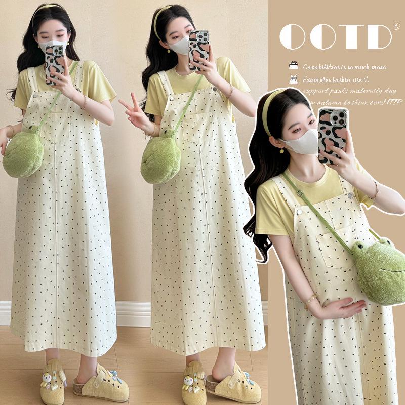 2026 Summer Maternity Two-Piece Set: Short-Sleeve T-Shirt + Polka Dot Maternity Overalls Skirt Medium