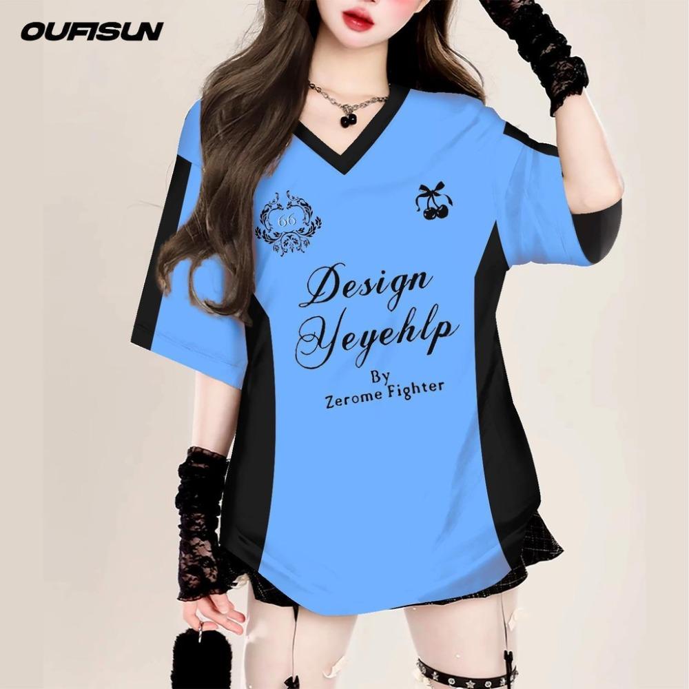 Pink Jersey T-shirt Girls V-neck T-shirt Oversize Women's Shirt Short-sleeved Summer Casual Printed Trendy Brand Fashion Streetwear Tops