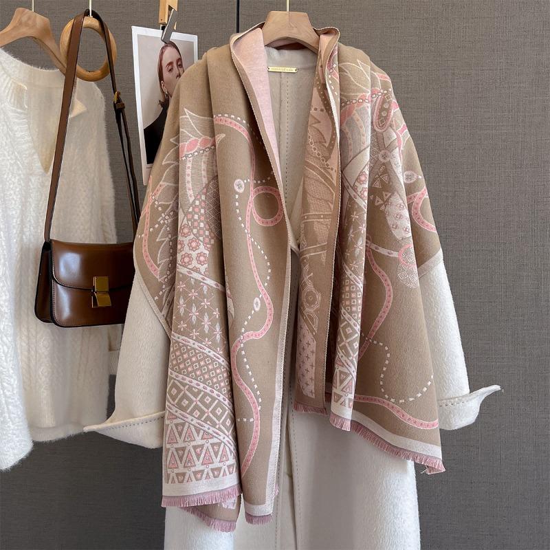 Autumn and Winter New Imitation Cashmere Scarf Thickened and Lengthened Horse Printing Scarf Antique Versatile Shawl with Dual-purpose Outside
