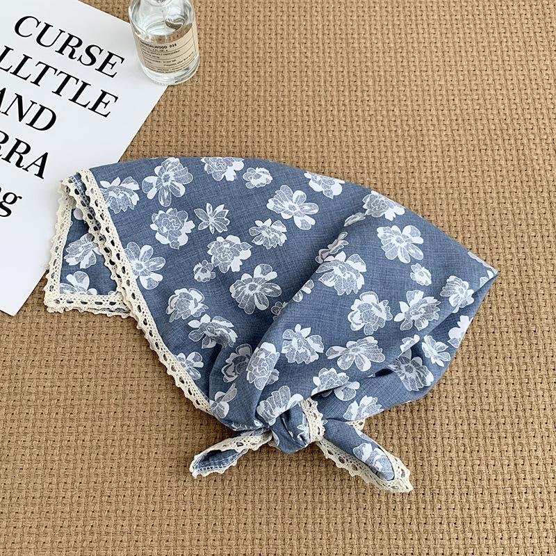 Headscarf Summer women's pastoral floral cotton and linen small square scarf small fresh high-grade lace headband silk scarf scarf