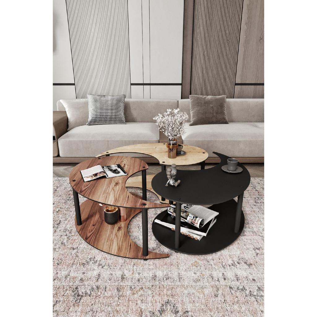 Yin Yang Unity Serenity Coffee Table Set Of 3 Sapphire Oak Madran Walnut Black 90 Cm Diameter