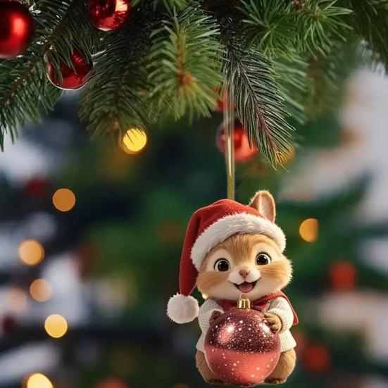 Yousheng Acrylic Squirrel Ornament with Santa Hat 2D Christmas Tree Decoration Festive Hanging Decor for Car Home