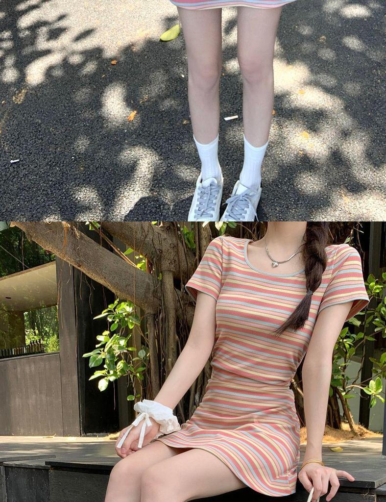 2026 Elegant Slimming French Rainbow Stripe Long Dress