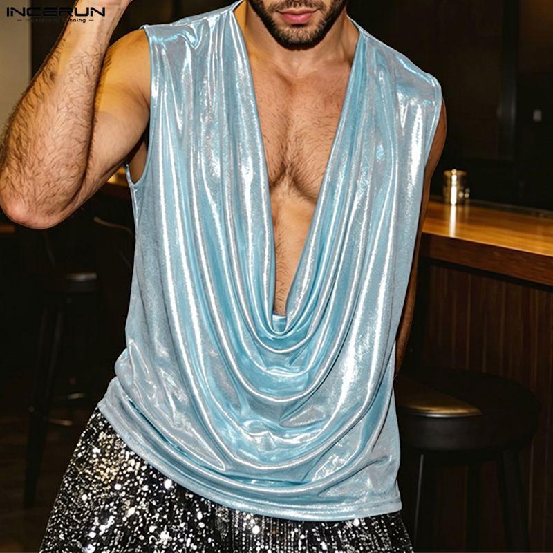 INCERUN Herren Niedriger Rollkragen Ärmellos Glänzend Metallisch Glitzer Bühne Performance Kostüm Party Tanktops