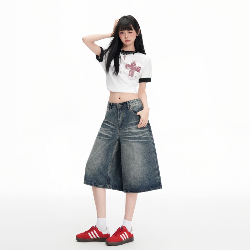 Trendy Summer Light Blue Designer Washed Loose Straight Wide Leg Cropped Capri Denim Shorts For Women Versatile Slimming AllMatch Casual Capri Pants