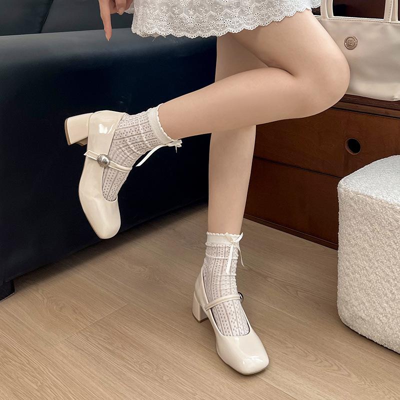 Patent leather Mary Jane single shoes women's spring new versatile thick heel square head one-word buckle temperament high heels