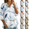 Womens Button Front Collar Shirt Floral Print Three Quarter Sleeve Loose Fit Casual Blouse Top for Everyday Wear