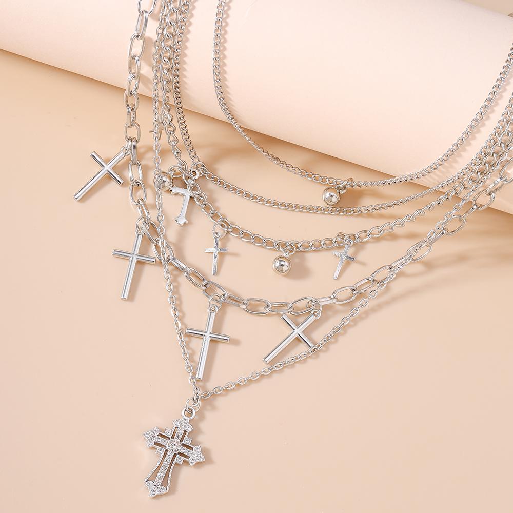 New Silver Color Cross Pendant Necklace Multilayer Metal Punk Choker Necklaces Chain Women Jewelry Gifts