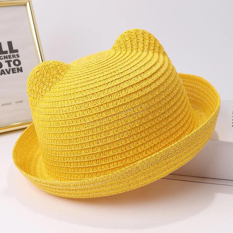 Summer Children Straw Hats For Boy Girl Cute Ears Kids Baby Panama Shades Beach Hat Unisex Breathable Dome Brim Rolled Sun Caps