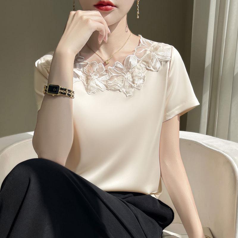 

Женская летняя футболка из шелкового атласа с кружевной отделкой, круглым вырезом и короткими рукавами XL (115-130 lbs) шампанского