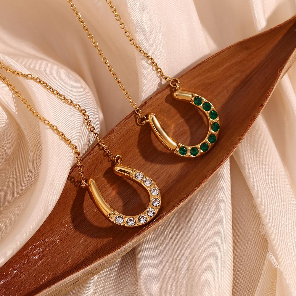 MamacitaSlay 18K Gold Plated Sparkling Horseshoe U-shaped Pendant O-chain Women's Stainless Steel Necklace Jewelry On The Neck