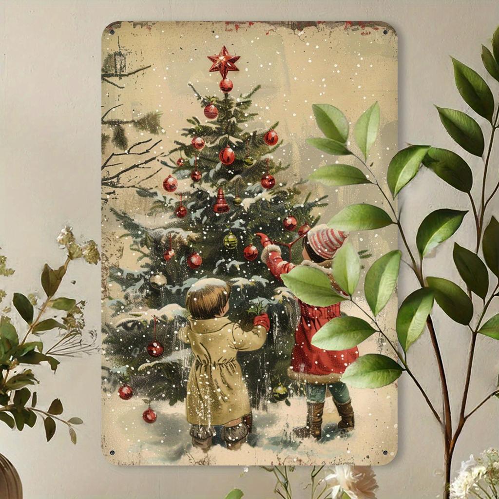 Vintage Christmas Tin Sign - Youngsters Decorating Tree In Snow, Cafe, or Garage, Festive Holiday Decor Perfect for Room Decor