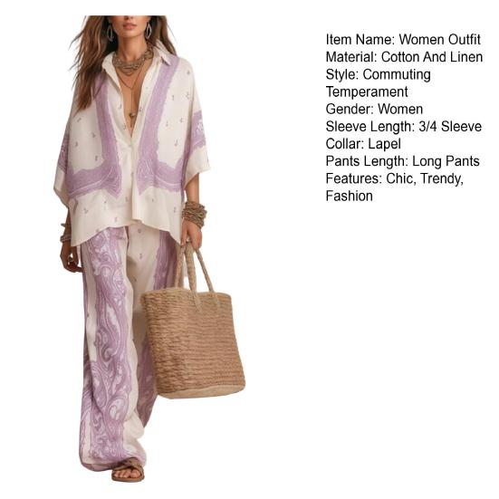 Damen Boho Baumwolle Leinen 2-teilige Sets, 3/4 Ärmel Bedruckte Hemden und Weite Hosen Passende Sets, Lockere Urlaubs-Lounge-Outfits
