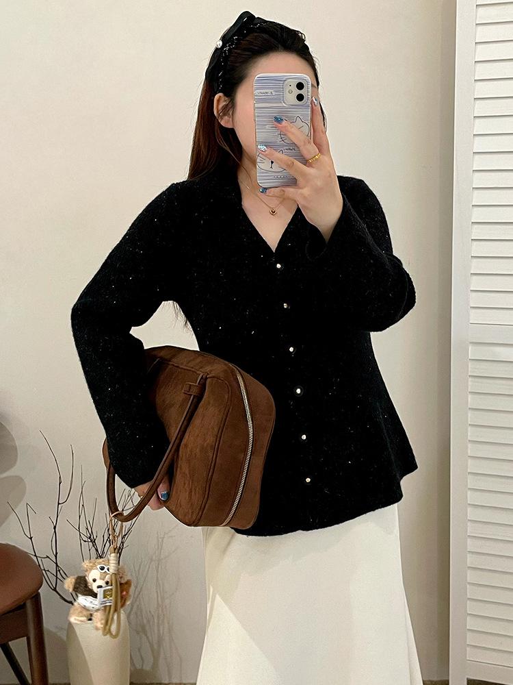 Plus Size Elegant Suit Collar Xiang Style Jacket Winter Knit Cardigan for Women