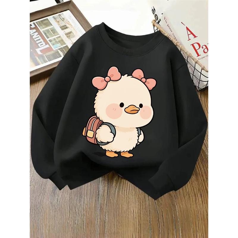 Crewneck Sweatshirt for Girls Featuring an Adorable Duck with a Backpack And Bows. It'S Machine Washable