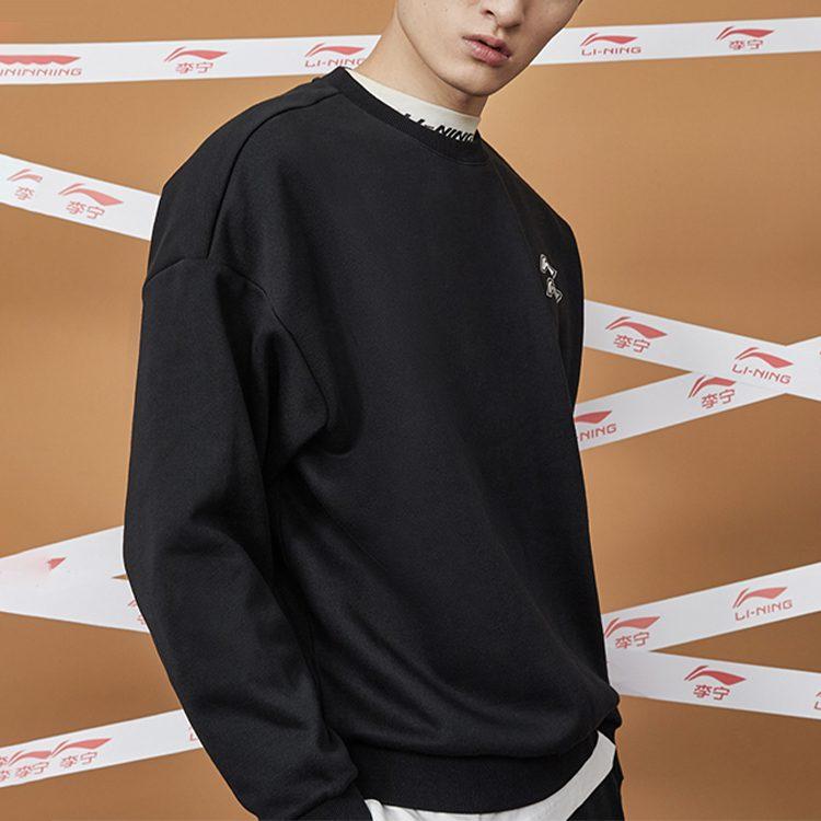 Li Ning Casual Sports Fleece Lined Loose Fit Crew Neck Pullover Sweatshirt Men's New Standard Black AWDQB71-2
