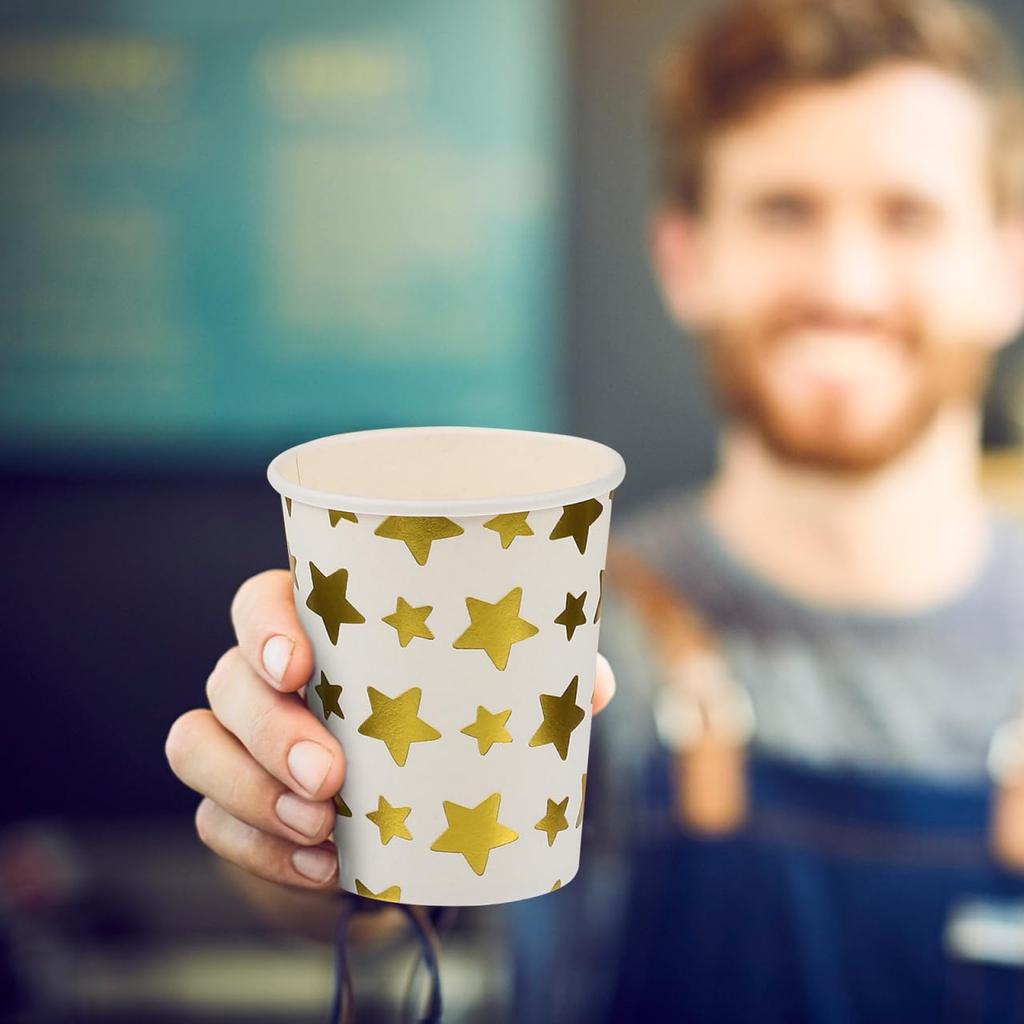 Amosfun Disposable Paper Cups, 250ml, Heat-Resistant, Thick, Gold with Star Pattern, Set of 100, Commercial Use, Insulated, Stylish, Durable, and Leak