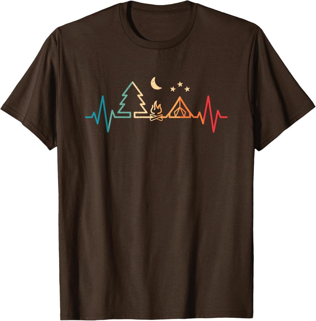 Retro Camping Heartbeat Nature Camper Hiking Men Boys TShirt