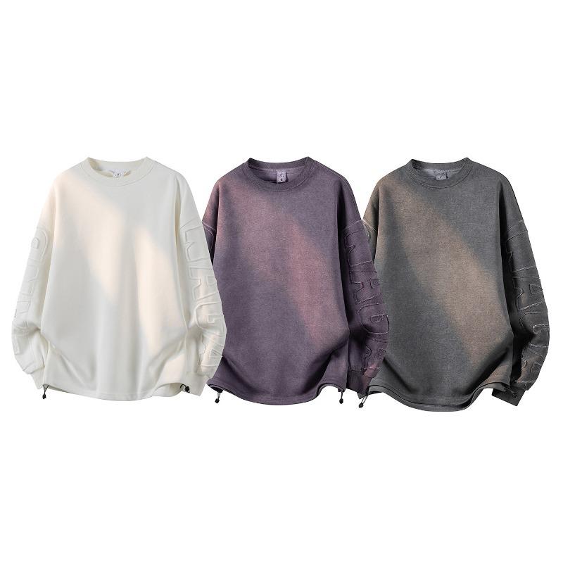 Men's Embossed Sleeve Crew Neck Sweatshirt, Gradient Wash Casual Pullover with Drawstring Hem, Oversized Streetwear Top for Spring & Autumn