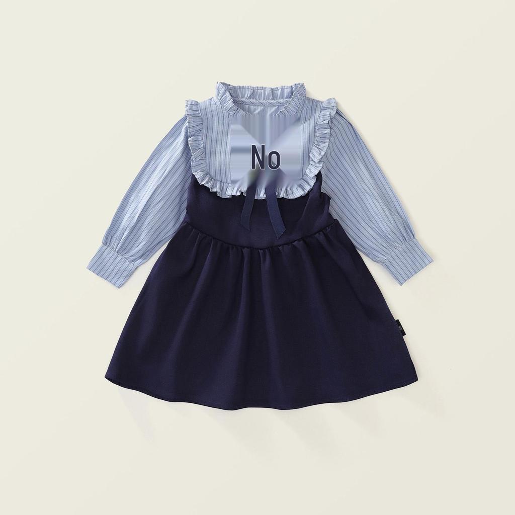 Herbst 2025 Mädchen Gestreiftes Colorblock Langarmkleid mit Falschem Zweiteiler Koreanisches Design