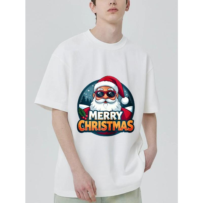 Christmas T Shirt Black Santa Claus with Sunglasses Merry Christmas Print for Holiday Party
