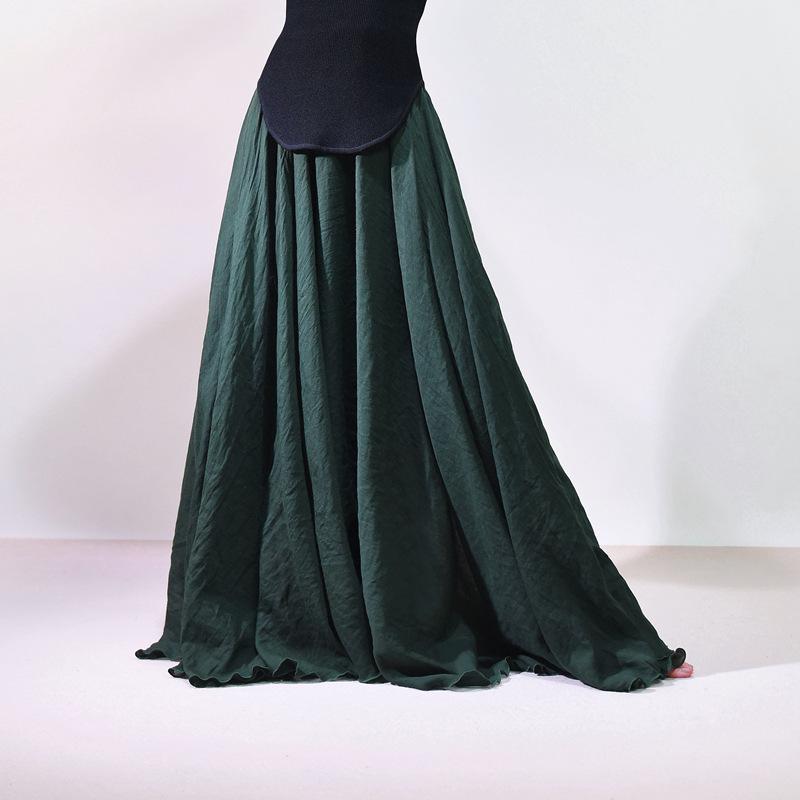 Mori Girl Cotton Linen A-Line Skirt: Elastic Waist, Long Solid Color, National Style Swing