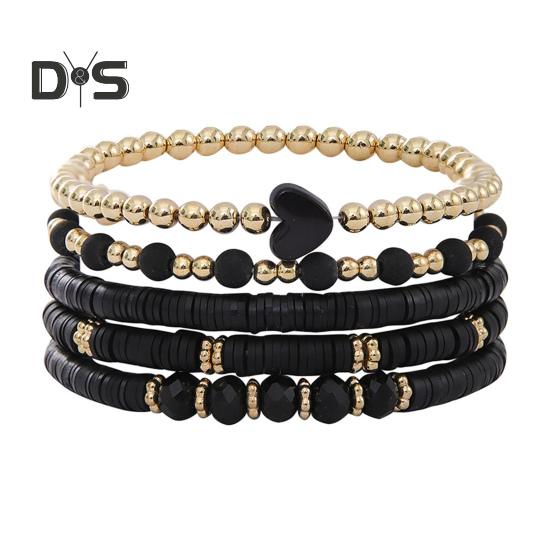 

5 шт. браслетов в стиле бохо из полимерной глины, многослойные бусины в форме сердца, контрастные цвета, украшения для пляжа, работы, вечеринки, отпуска чёрный