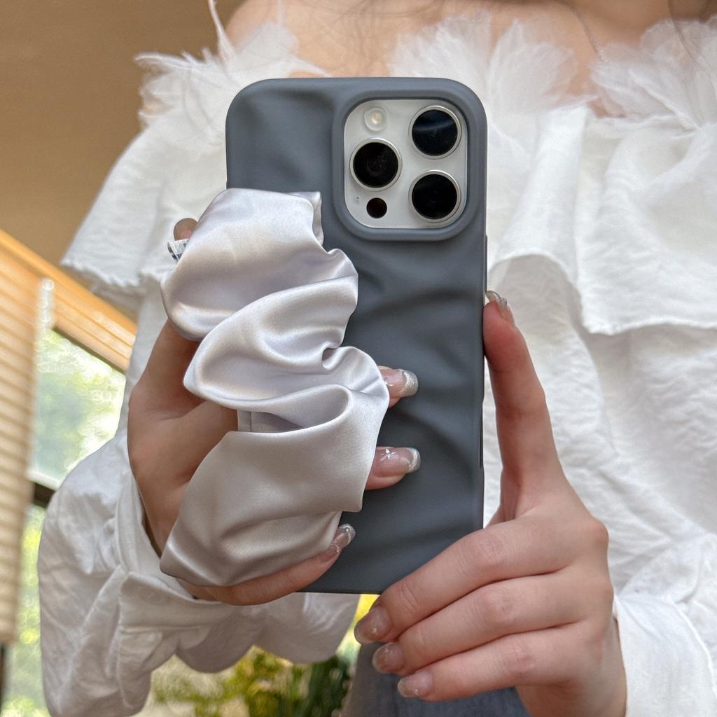 Minimalist Irregular Wrinkle Phone Case with Silk Scarf Wristband for iPhone 11-17 Series, TPU Shockproof Cover with Skin-Friendly Matte Finish