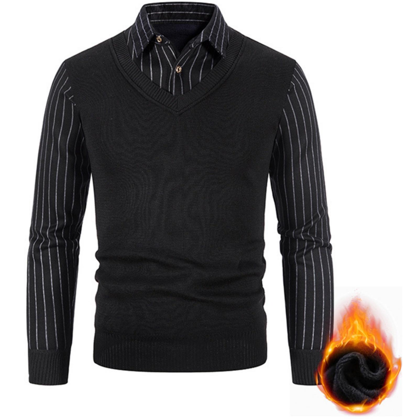 

Men s Solid-color Casual V-neck And Square Neck Pullover Knitted Sweater, Men s Fake Two-piece Striped Neck Long-sleeved Sweater L чёрный