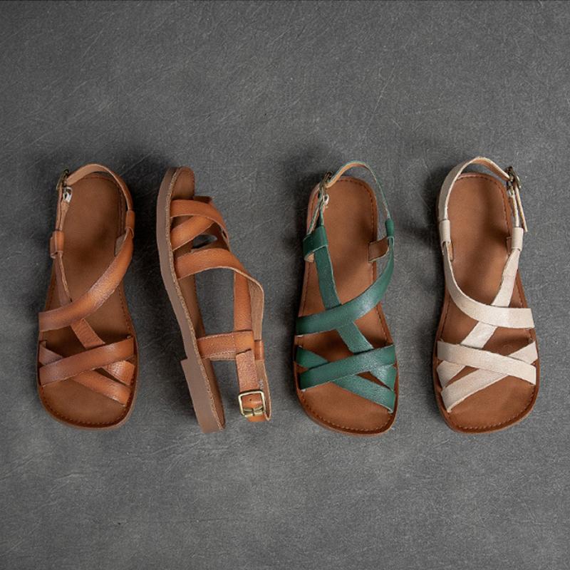 Johnature Simple Genuine Leather Flat Sandals Casual Solid Color Soft Sole Comfortable Versatile Women Shoes