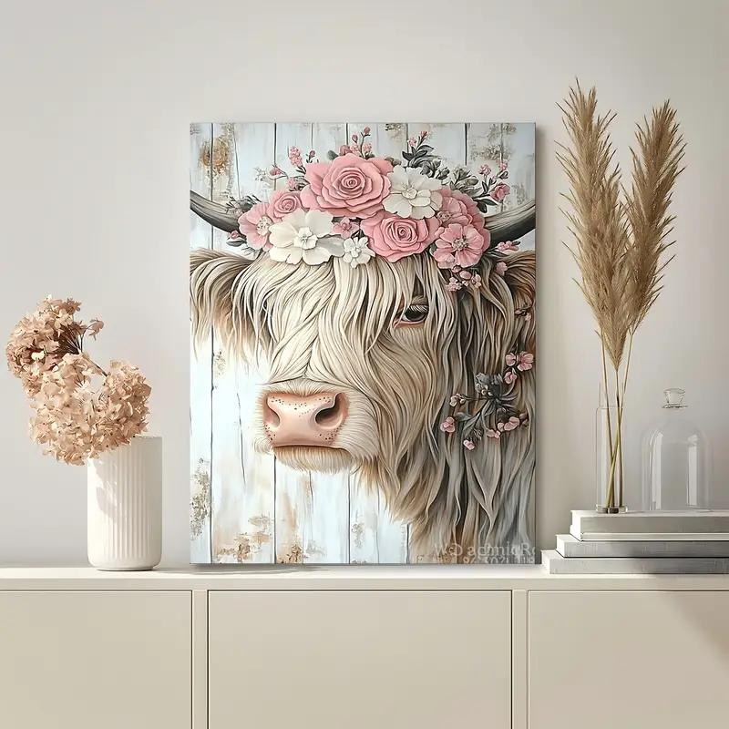 Room Decor Rustic No Framed Highland Cow Canvas Art Print, Floral Crown Wall Decor, Woven Bachelor Party Home & Office