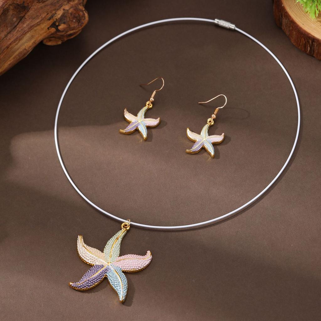 New Enamel Color Starfish Earrings Pendant Set Women's Simple Small Clear Beach Starfish Neck Necklace